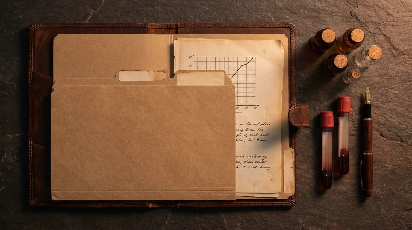 An open case file on a desk: a leather document case, a kraft folder of charted lab results, blood collection tubes, glass vials, and a fountain pen.