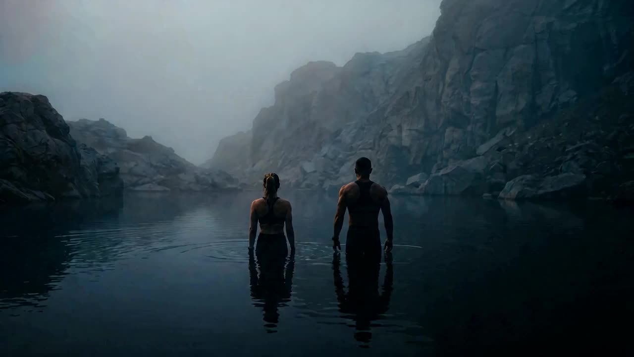 A man and a woman standing waist-deep in still water at dawn, limestone fog on the ridgeline